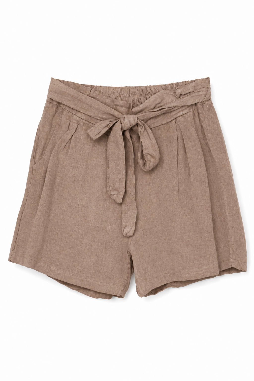 A pair of women's linen-blend shorts in a warm taupe brown, featuring an elastic waistband with a matching fabric tie belt and side pockets, shown flat on a white background.