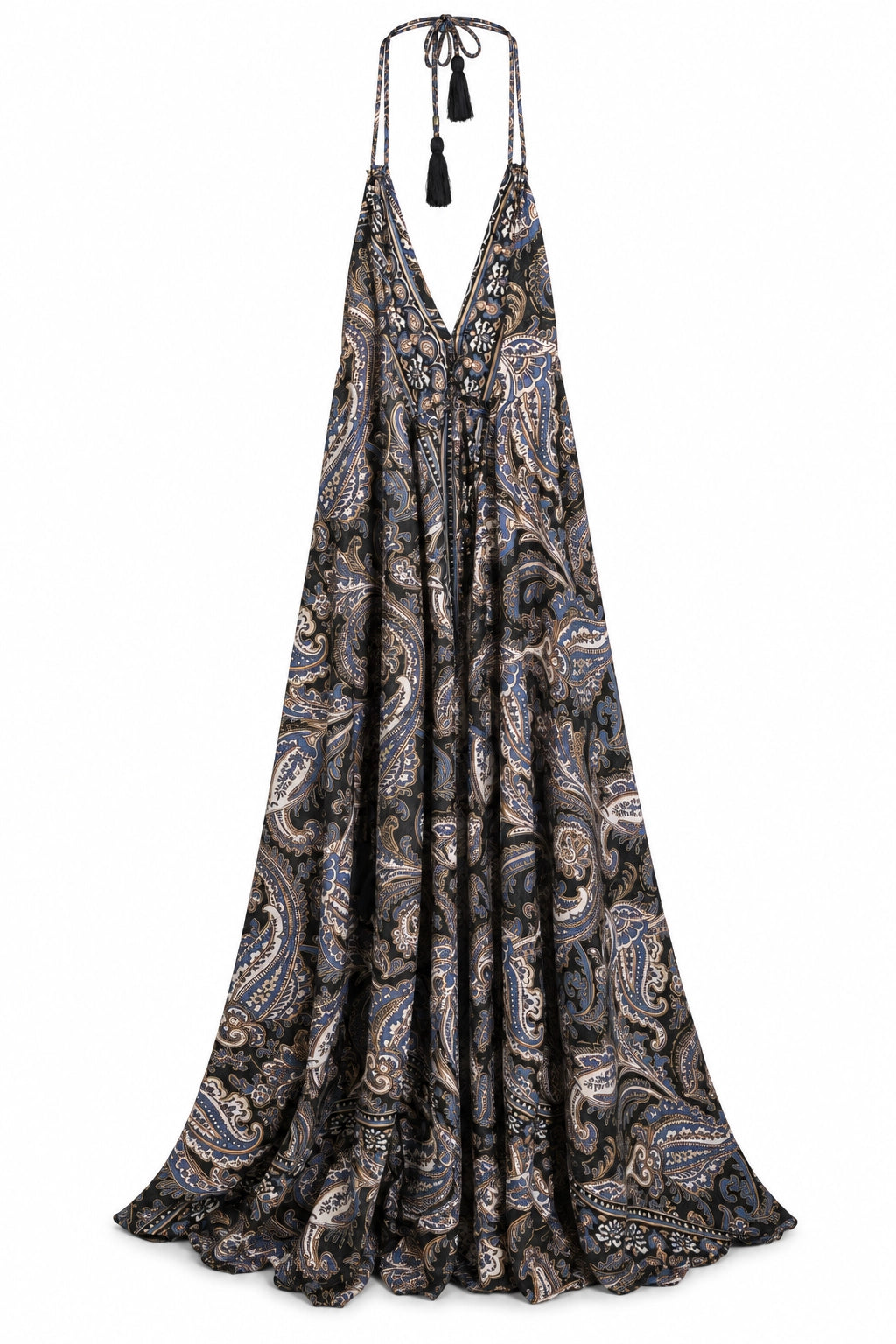Black, Grey and Gold Paisley Halter Dress