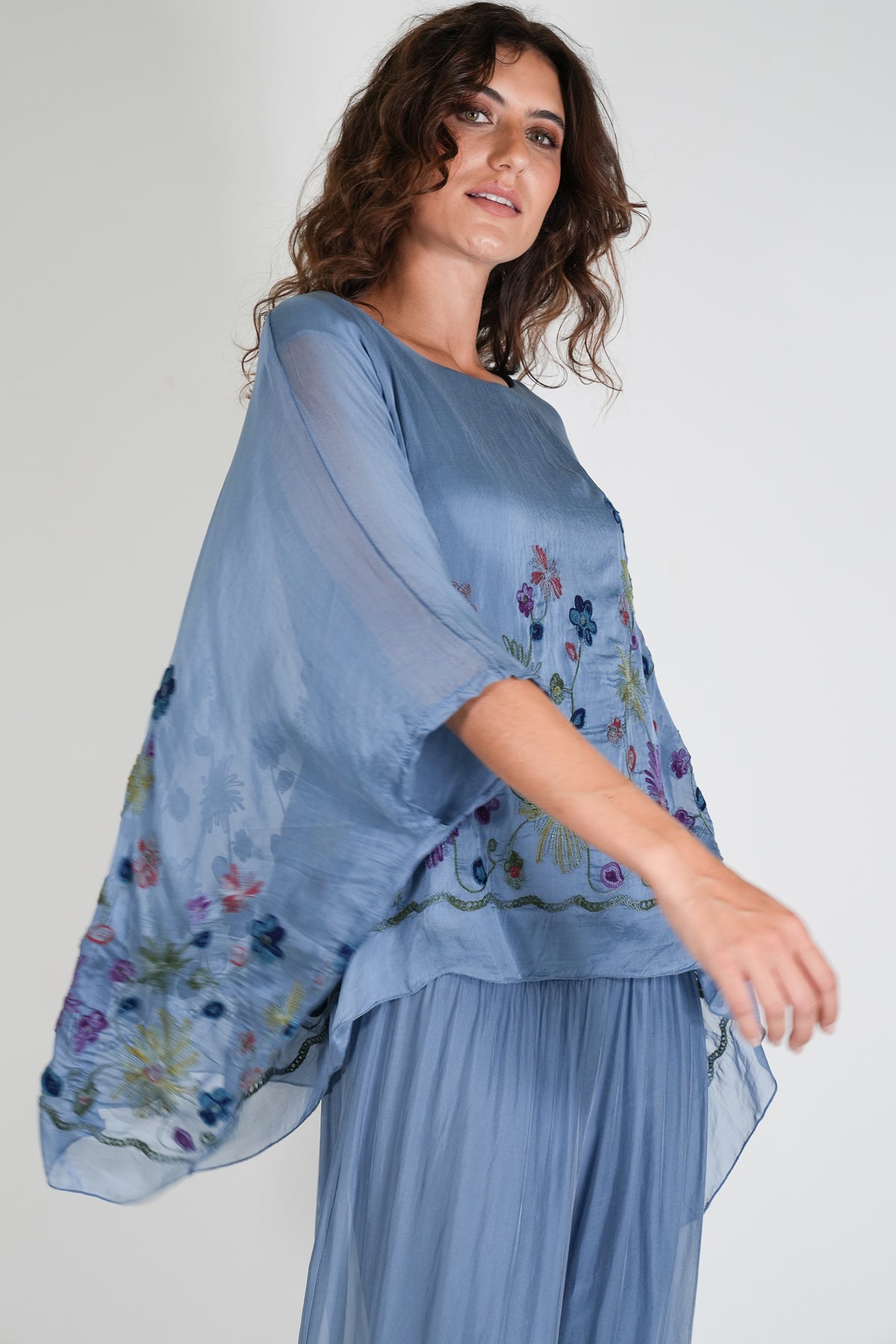Blue Embroidered Silk Poncho
