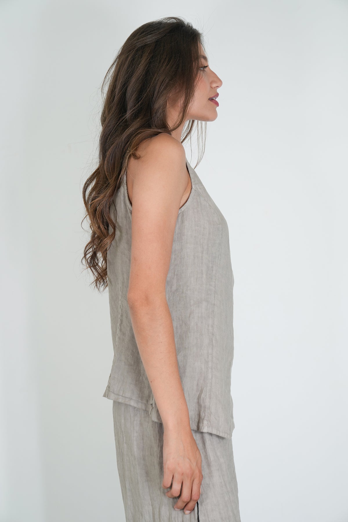 Taupe Linen Waistcoat, taupe linen top from Something Pretty, alternative view