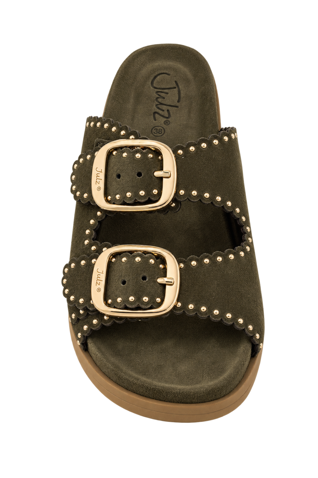 An olive green slide sandal with two wide studded straps and large gold-tone buckles, shown from a top-down view on a white background.