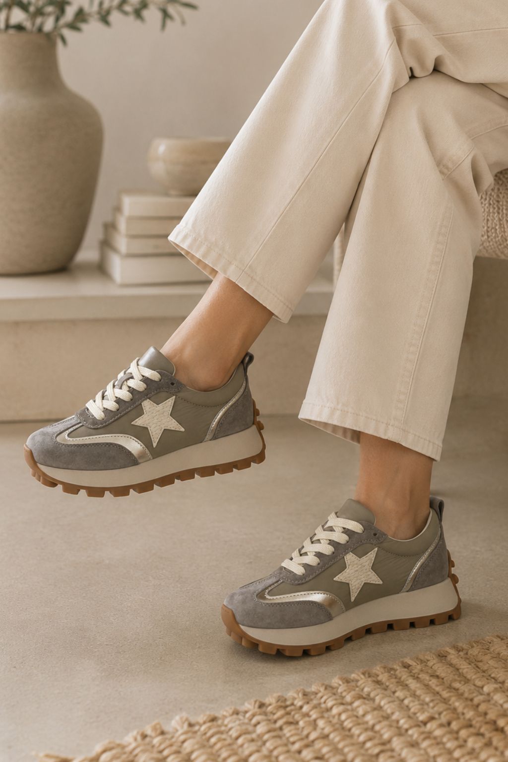 Person wearing gray sneakers with white stars indoors on a neutral background