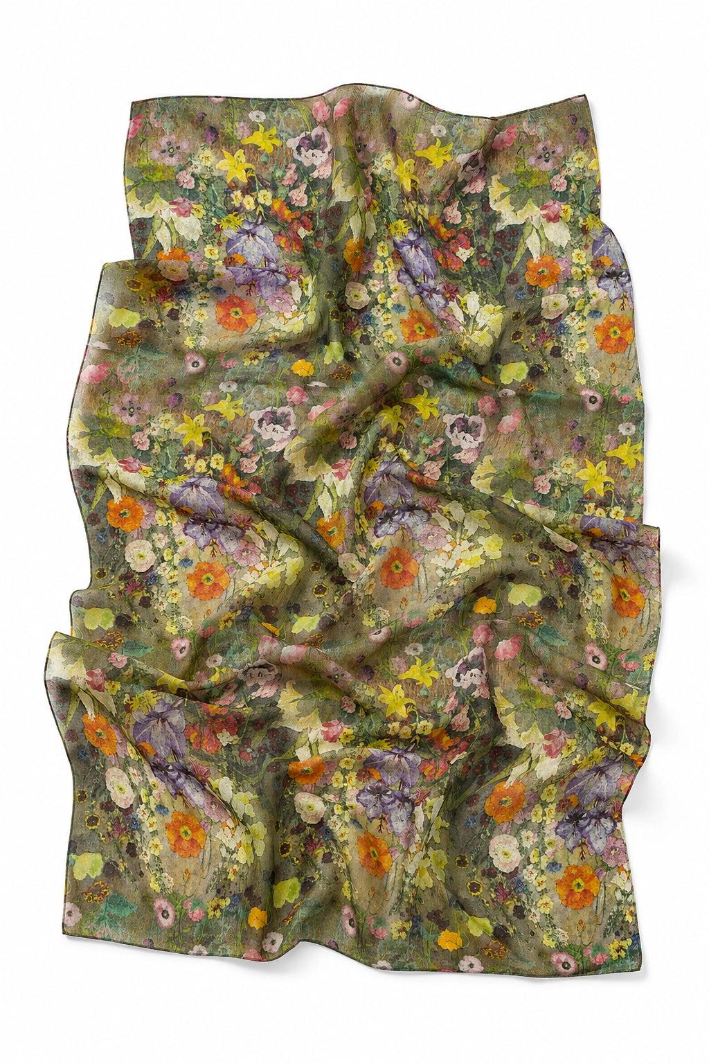 A lightweight rectangular scarf with a dense, painterly floral pattern in muted olive green, yellow, orange, pink, and purple, laid flat on a white background.