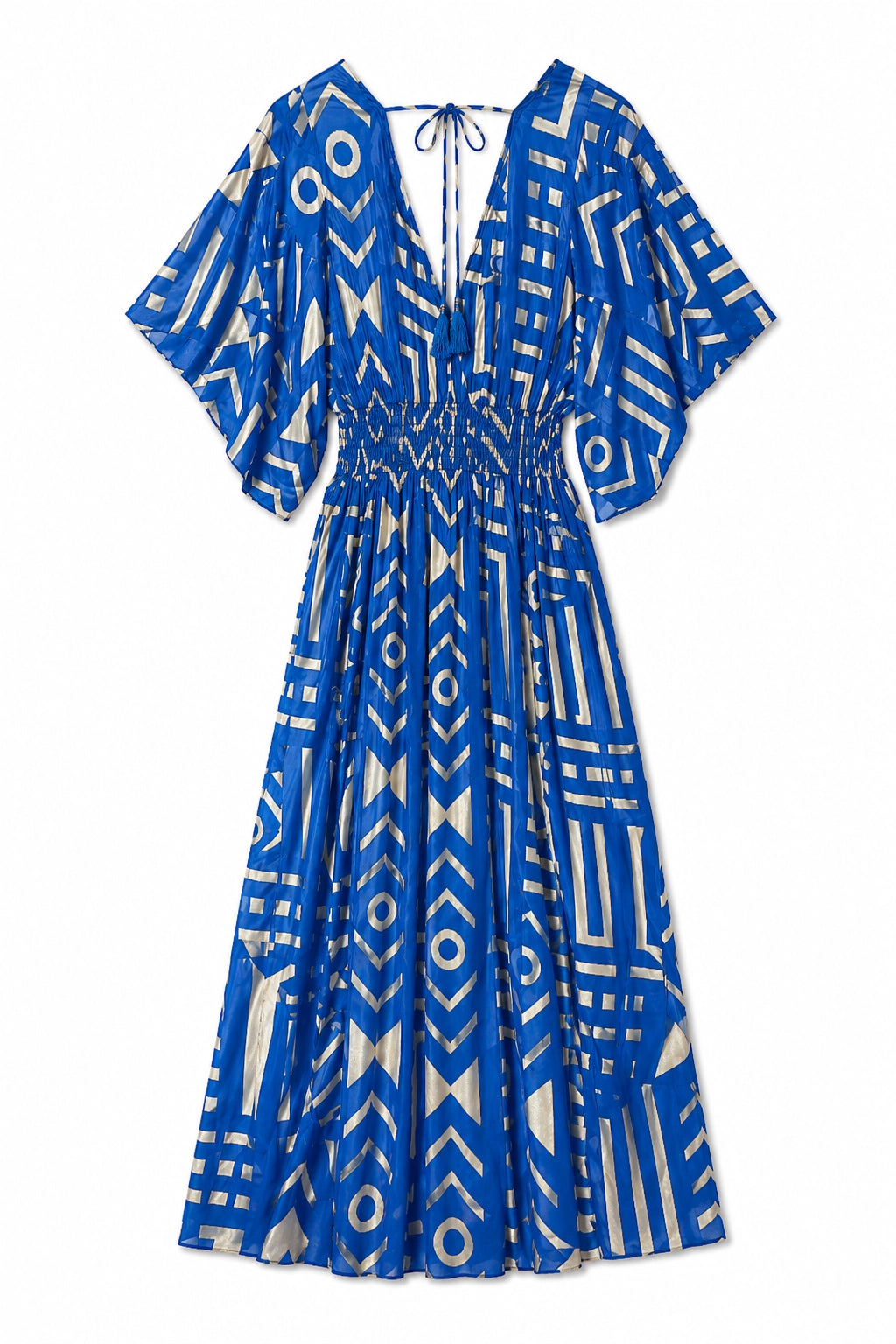 A blue and white geometric print midi dress with a smocked waist, short flutter sleeves, and a tie-neck detail, shown against a plain white background.