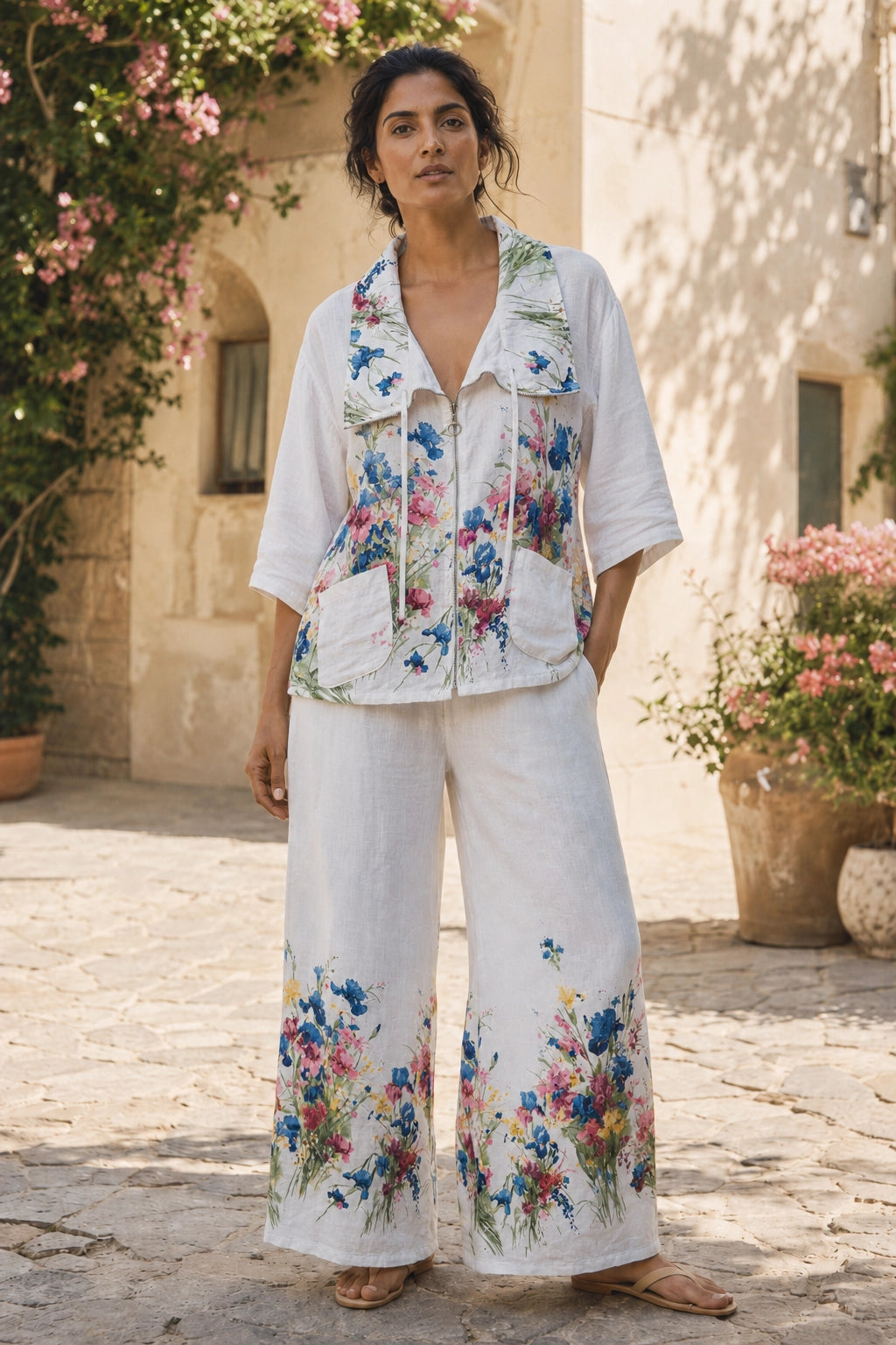 A woman stands outdoors in a sunlit courtyard wearing a white two-piece outfit with colorful floral prints. The set includes a short-sleeve button-front top and matching wide-leg pants.