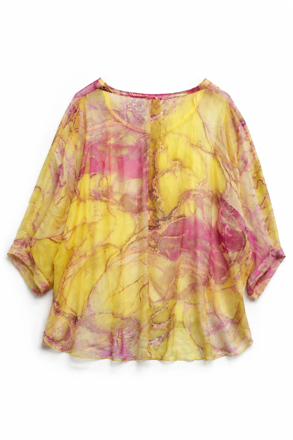 A lightweight, semi-sheer three-quarter sleeve top with a yellow and pink marble or watercolor pattern, displayed flat against a white background.