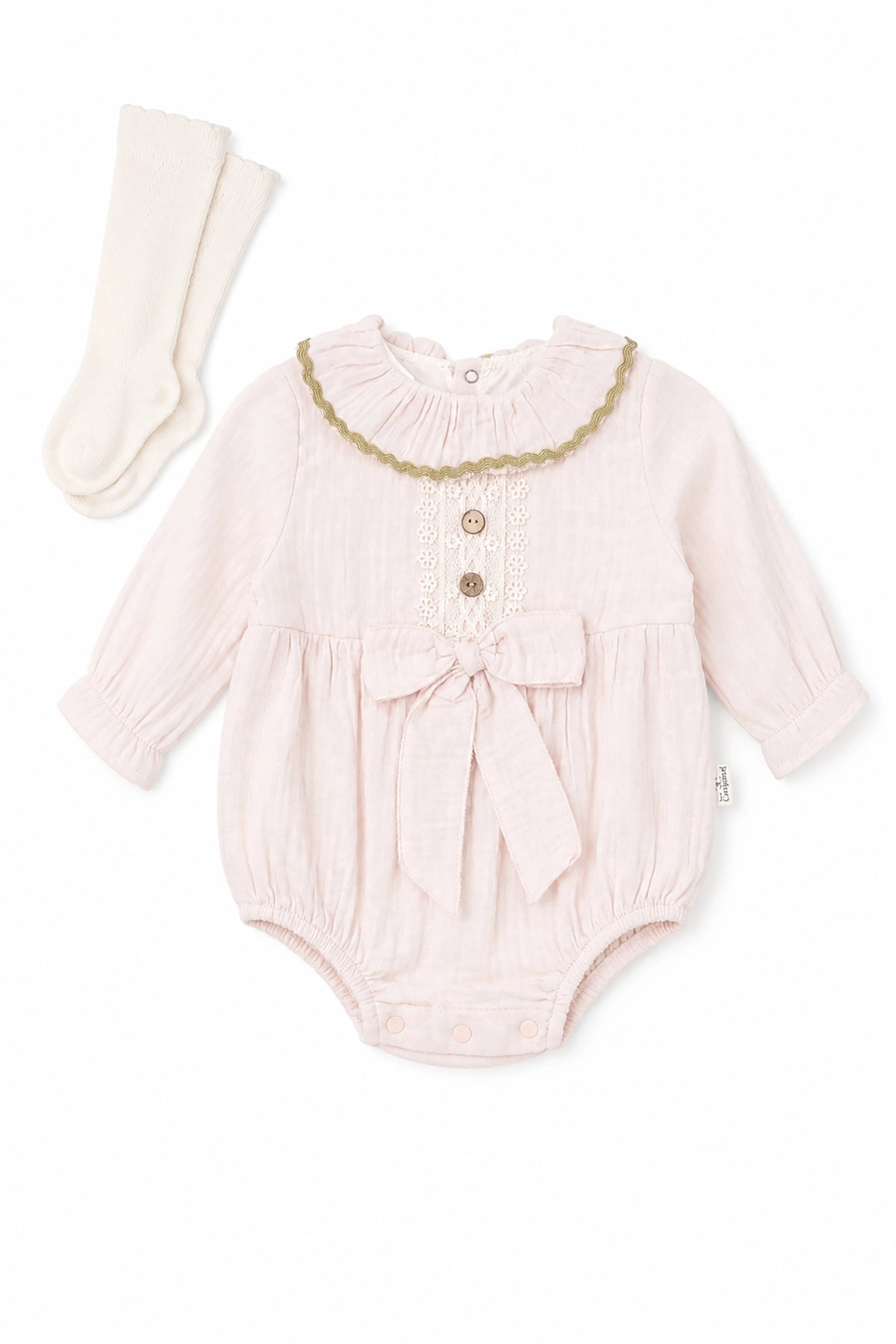 Pink baby romper with ruffled collar and buttons, paired with white tights on a white background