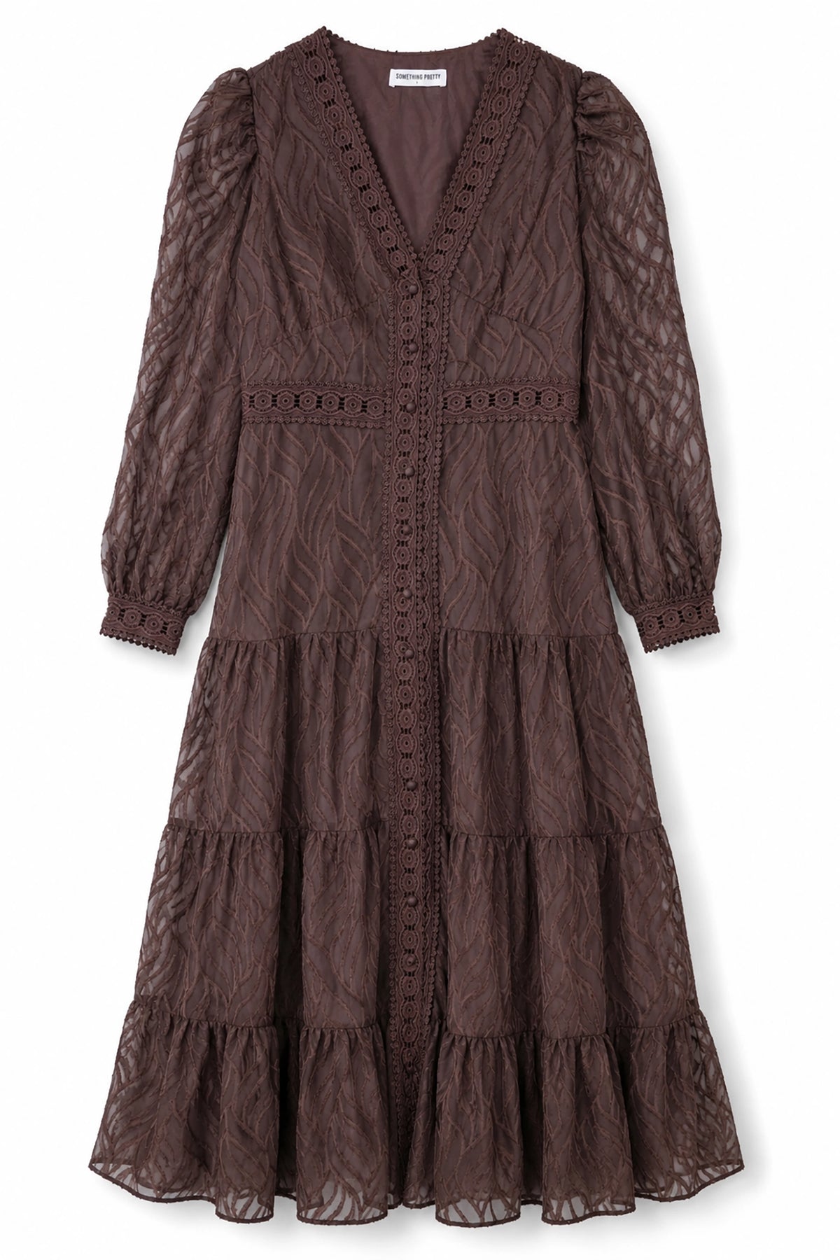 Brown lace dress with long sleeves on a white background