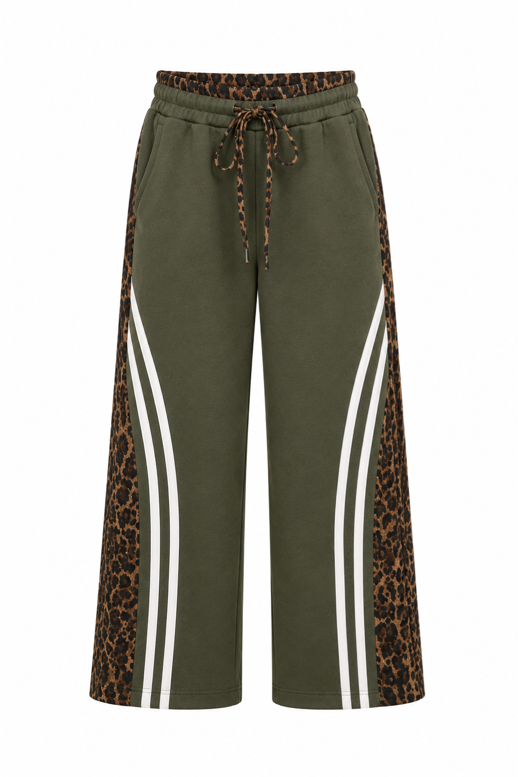 Green pants with leopard print and white stripes on a white background