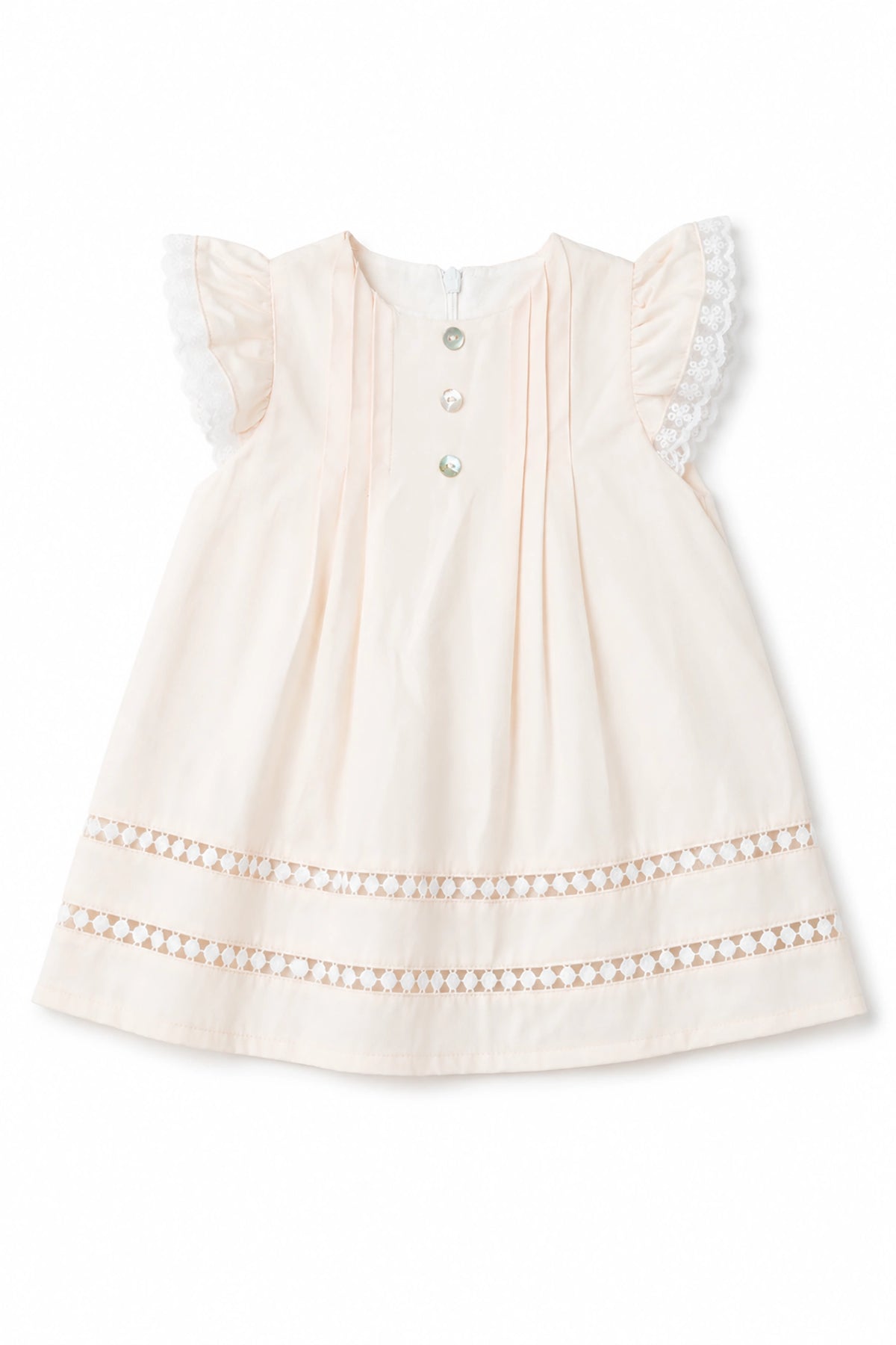 White baby dress with lace details on a white background