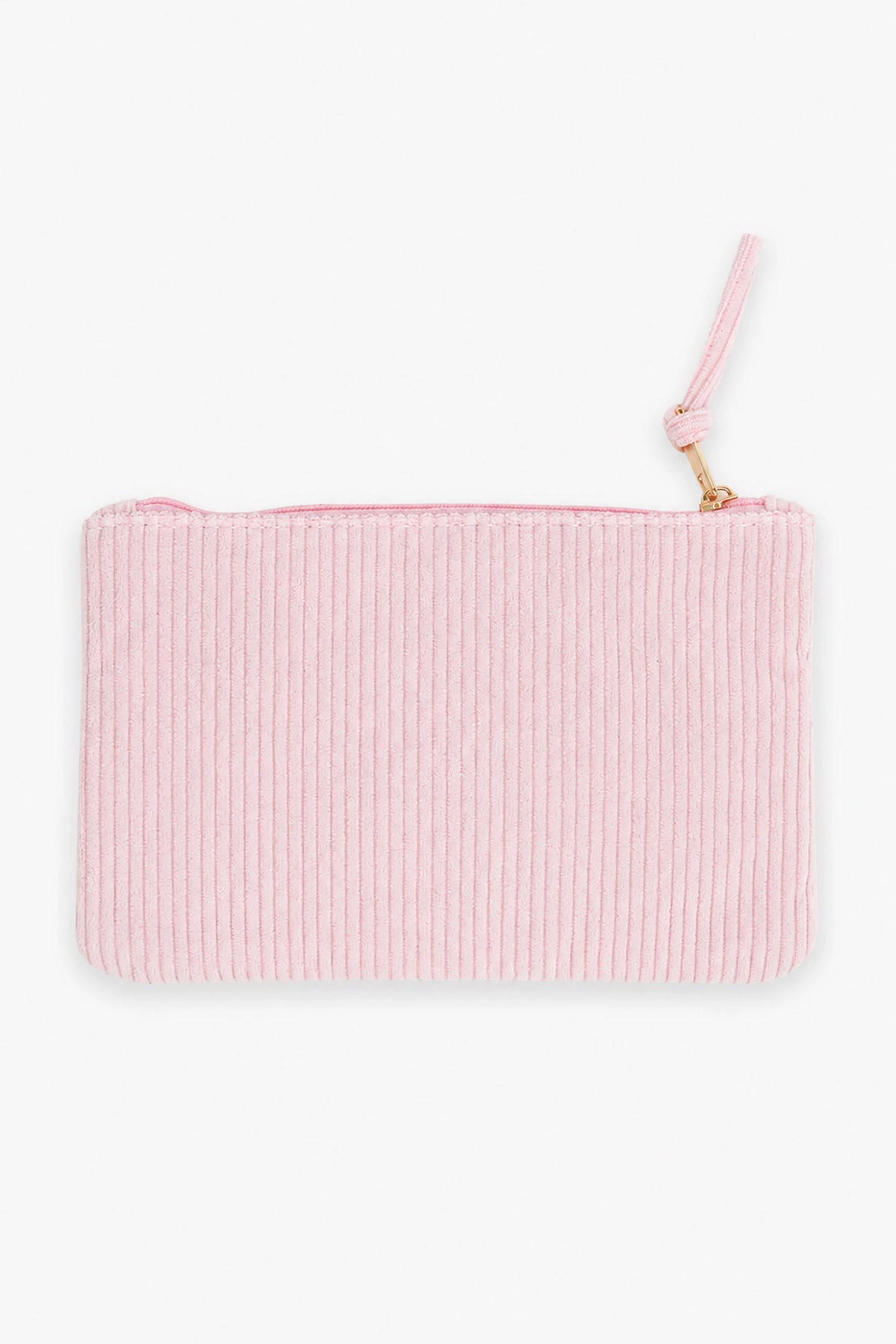 Pink ribbed clutch bag with a strap on a white background