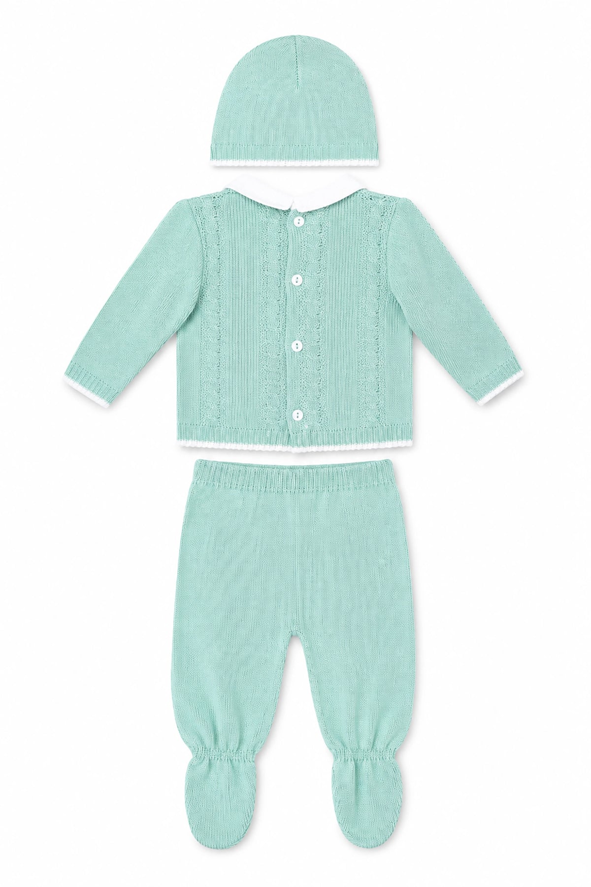 Mint green baby outfit with hat on a white background