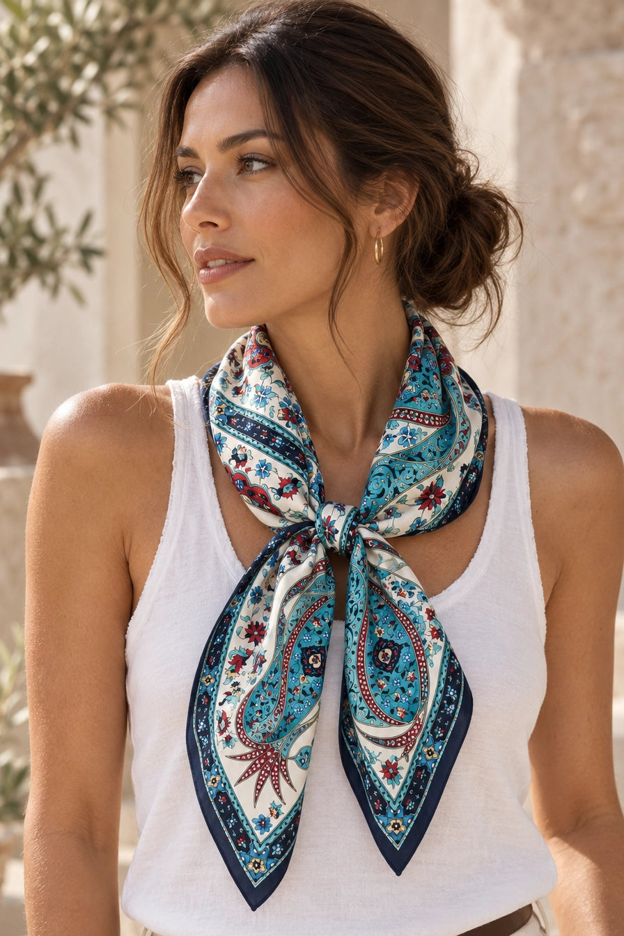 Azure Bloom Silk Scarf