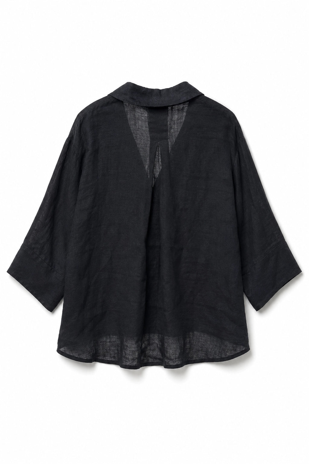 A black textured linen-blend cardigan with wide three-quarter sleeves and a split V-neckline, displayed flat against a white background.