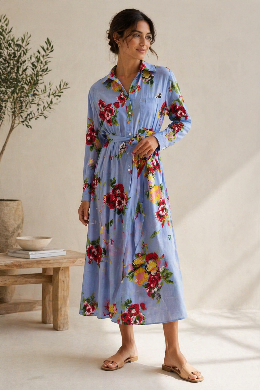 Blue Cotton Floral Shirt Dress, a floral print office wear dress from Something Pretty