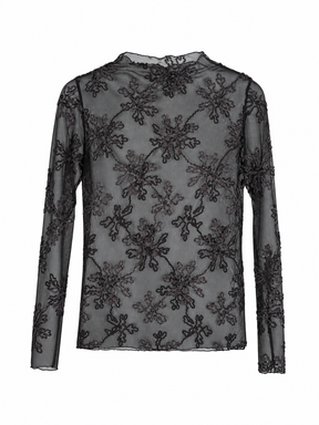 Black lace long-sleeve top on a white background