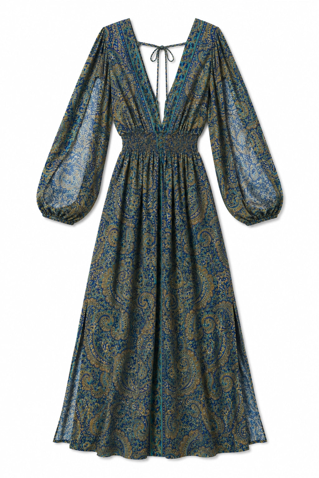 A long-sleeved midi dress with a deep V-neckline, tie-front detail, and a gathered smocked waist, featuring an intricate paisley pattern in blue, teal, and gold tones, shown against a plain white background.