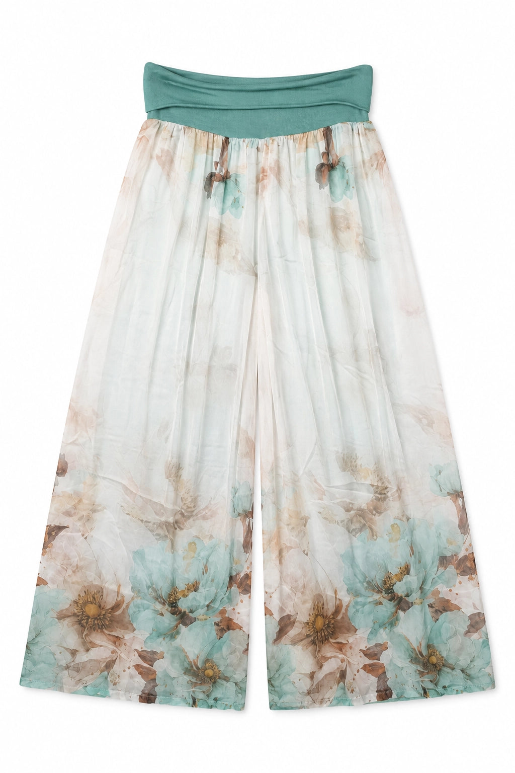 Wide-leg cropped pants featuring a watercolor floral print in shades of teal, beige, and brown on a white base, with a solid teal waistband.