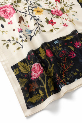 A close-up of a printed fabric with a cream base and a large black panel featuring pink roses, green leaves, and floral motifs.