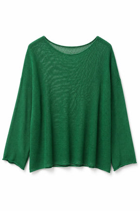 A green long-sleeve knit top with a wide boat neckline, displayed against a plain white background.