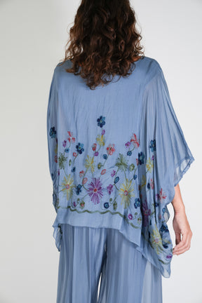Blue Embroidered Silk Poncho