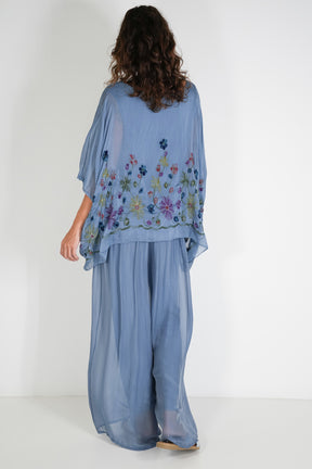 Blue Embroidered Silk Poncho