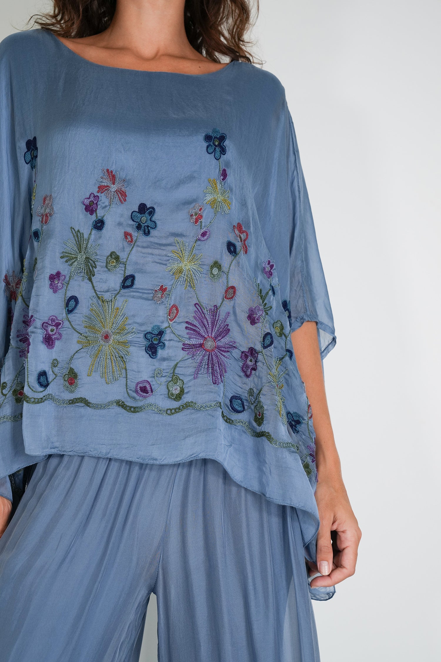 Blue Embroidered Silk Poncho