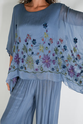 Blue Embroidered Silk Poncho