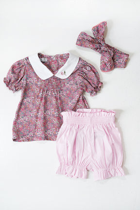 Mila Shorts Set baby outfit with floral top, pink shorts and matching bow