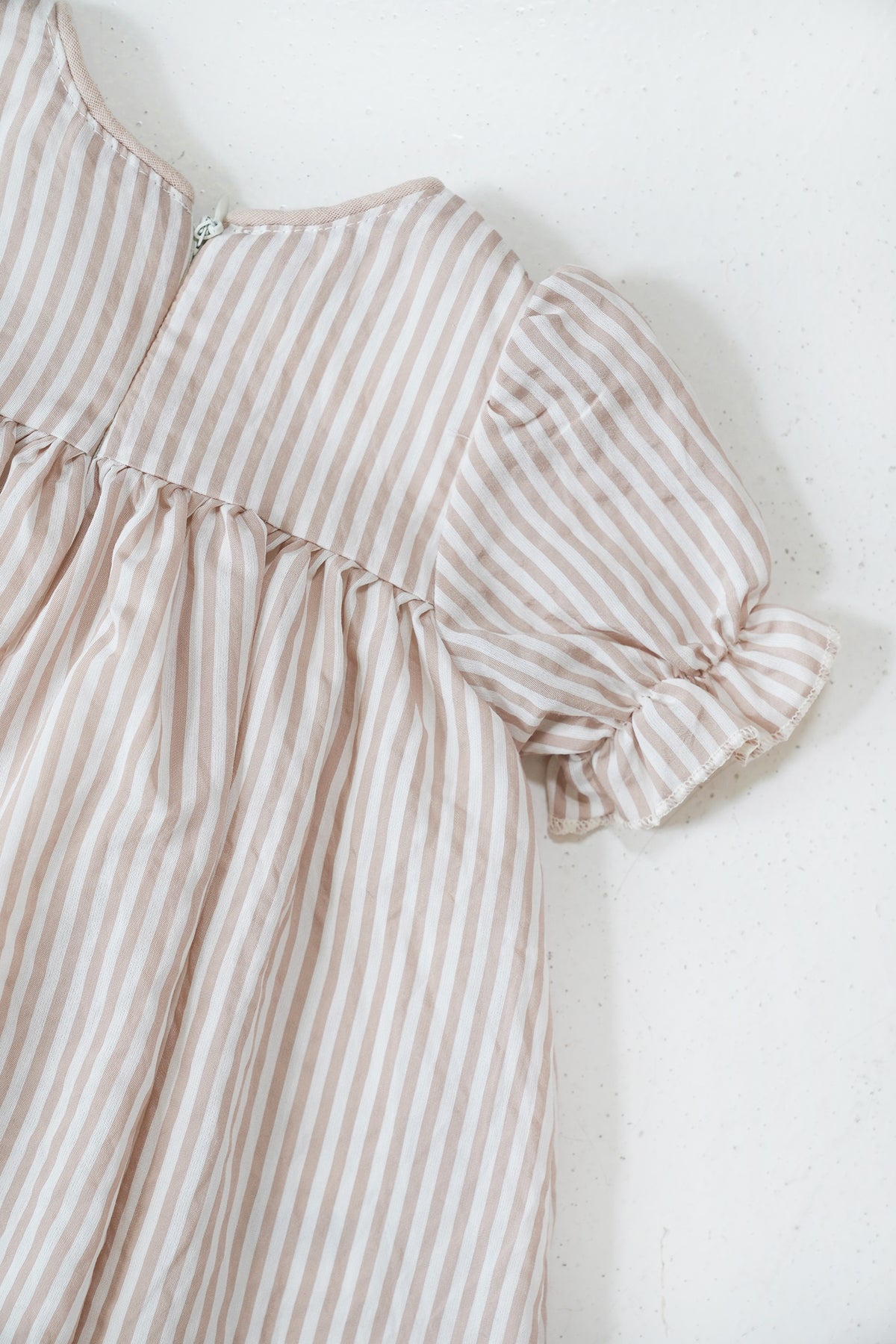 Beige Striped Emily Frock sleeve detail with soft gathered stitching
