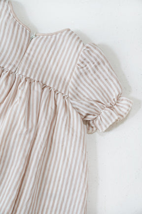 Beige Striped Emily Frock sleeve detail with soft gathered stitching