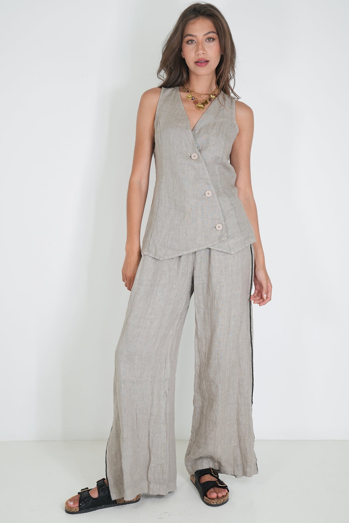 Taupe Linen Waistcoat, a taupe linen top from Something Pretty
