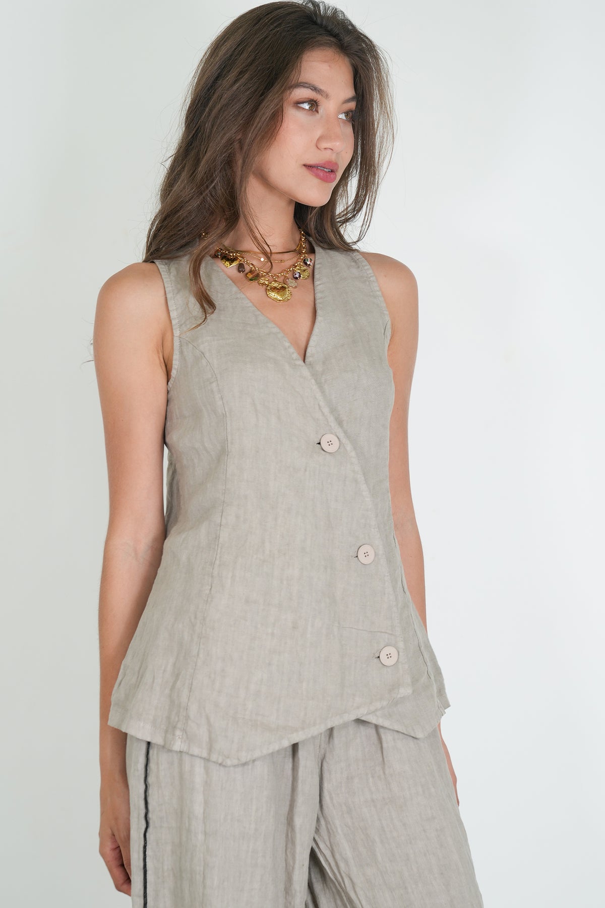 Taupe Linen Waistcoat, taupe linen top from Something Pretty, alternative view