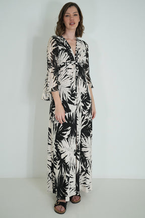 Monochrome Leaf Print Knot Dress With Sleeves
