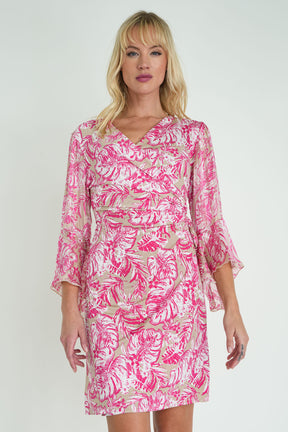 Taupe and Pink Floral Eliza Wrap Dress
