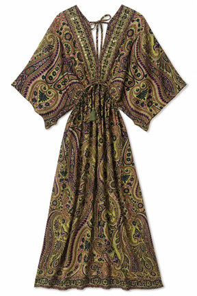 A bohemian-style kaftan dress featuring an intricate paisley pattern in olive green, brown, and purple, with wide short sleeves and a tie-neck design.