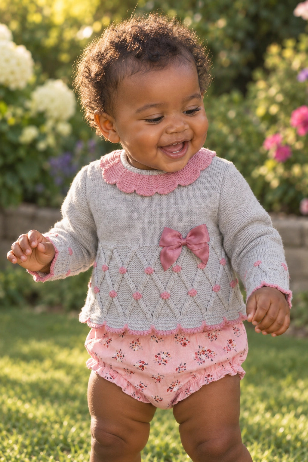 Pink and Grey Floral Bloomer Knit Set