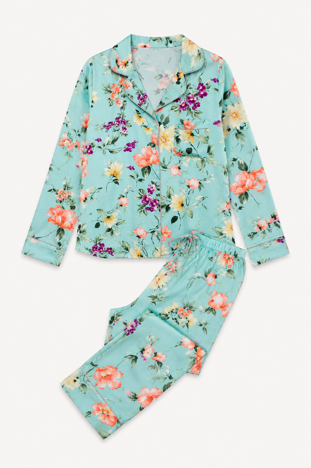 A two-piece pajama set featuring a long-sleeve button-front top and matching pants in a light mint green color with a vibrant floral print of pink, orange, yellow, and purple flowers, laid flat on a white background.