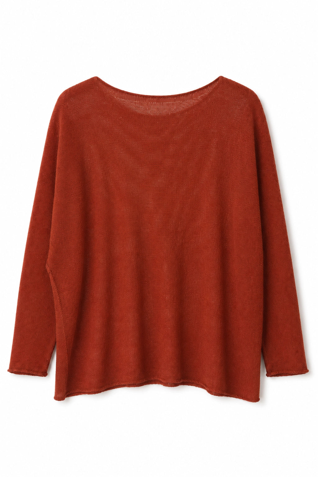 A rust-orange long-sleeve knit top with a wide boat neckline, displayed against a plain white background.