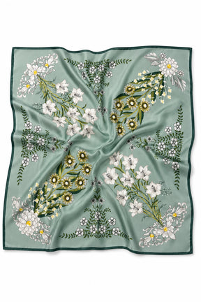 A square satin scarf with a sage green background, featuring an all-over floral print of white flowers, yellow centers, and green foliage, finished with a solid dark green border.