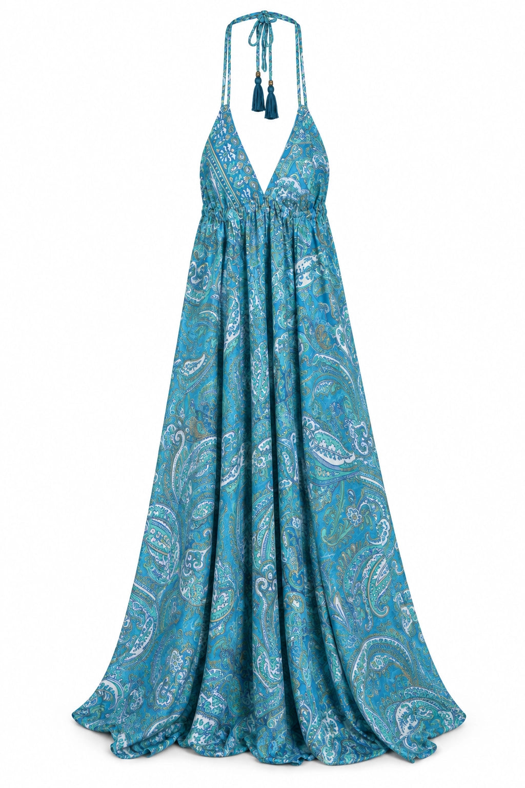 A long halter-neck maxi dress with a blue and white paisley pattern, featuring tassel ties at the neckline, shown against a plain white background.