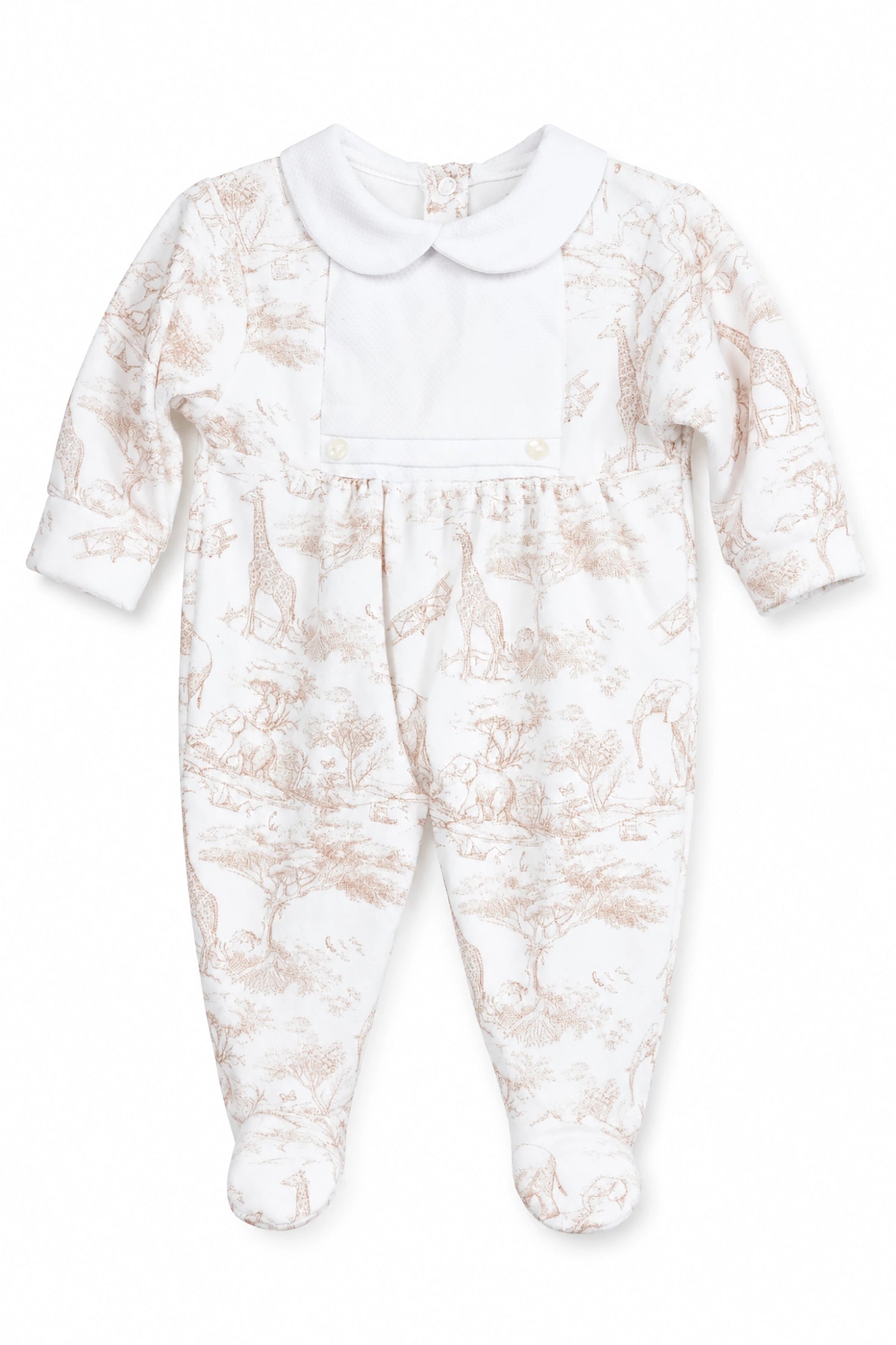 Baby onesie with lace design and white collar on a white background