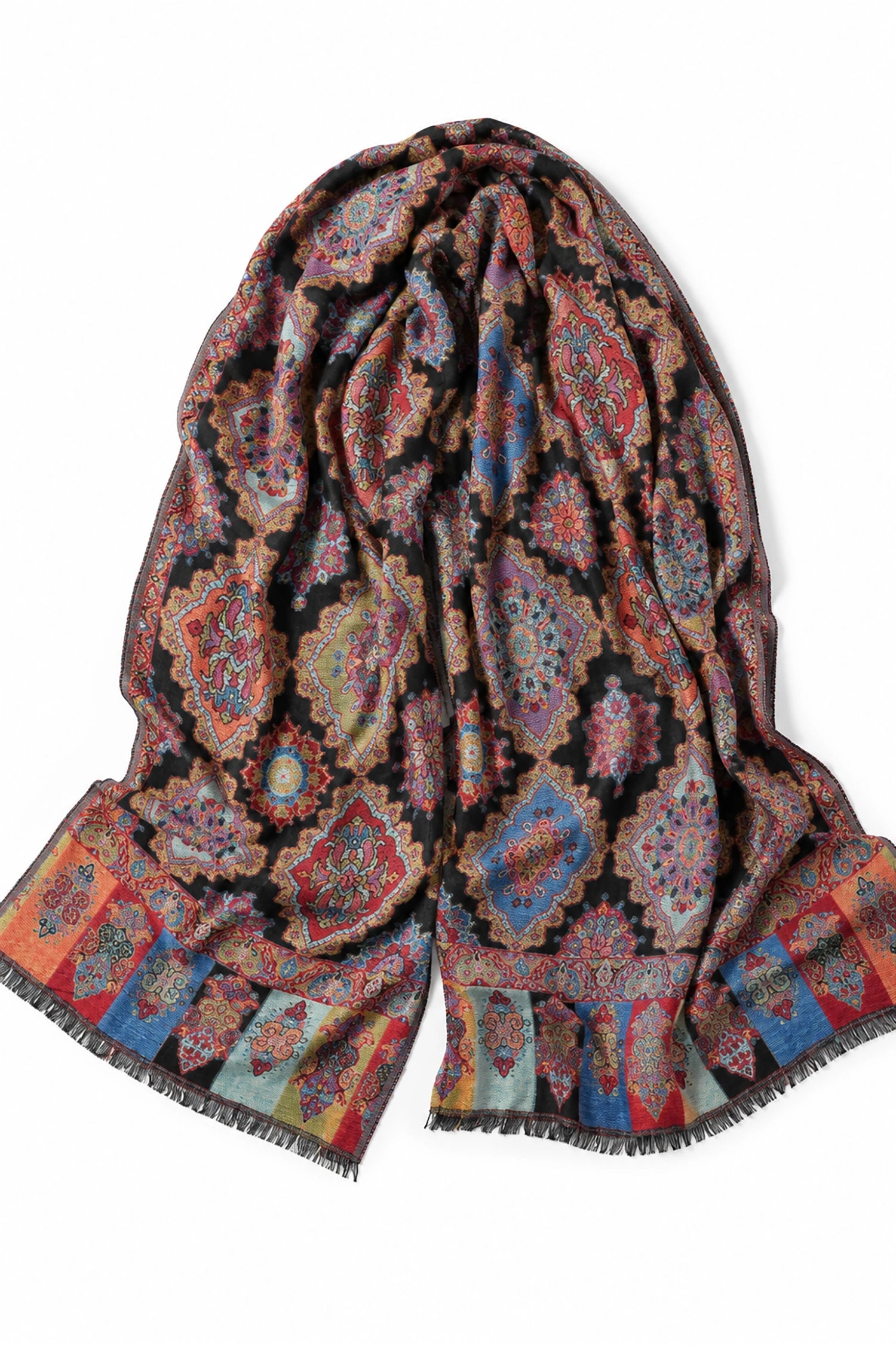 Colorful patterned scarf on a white background