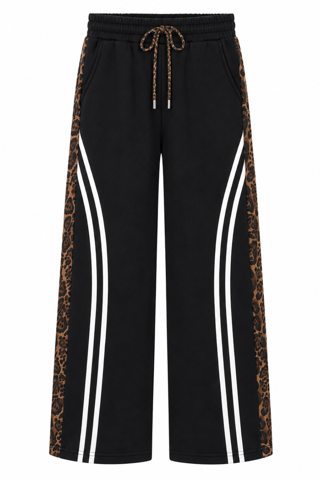 Black pants with leopard print side panels and white stripes on a white background