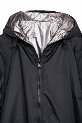 Black jacket with a metallic hood on a white background
