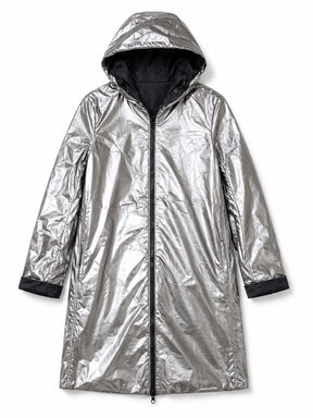 Silver raincoat with black accents on a white background