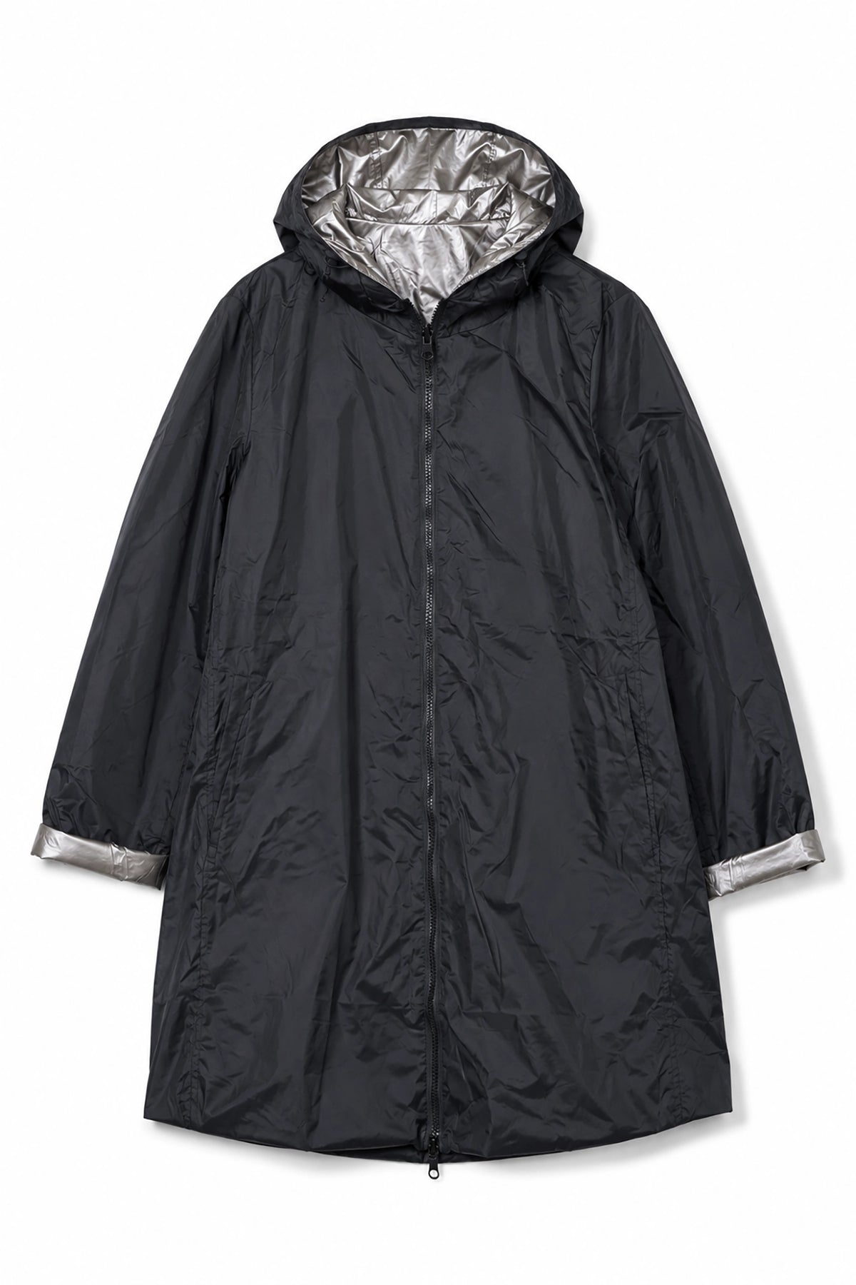 Black raincoat with silver lining on a white background