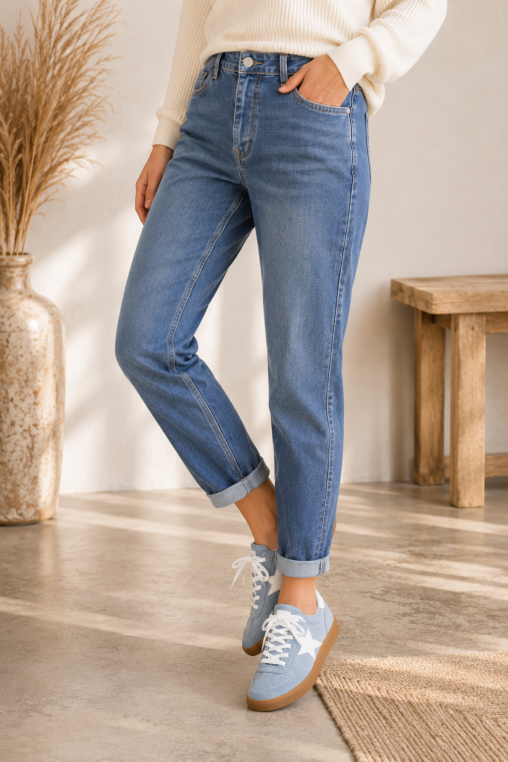 Person wearing blue jeans and light blue sneakers indoors.