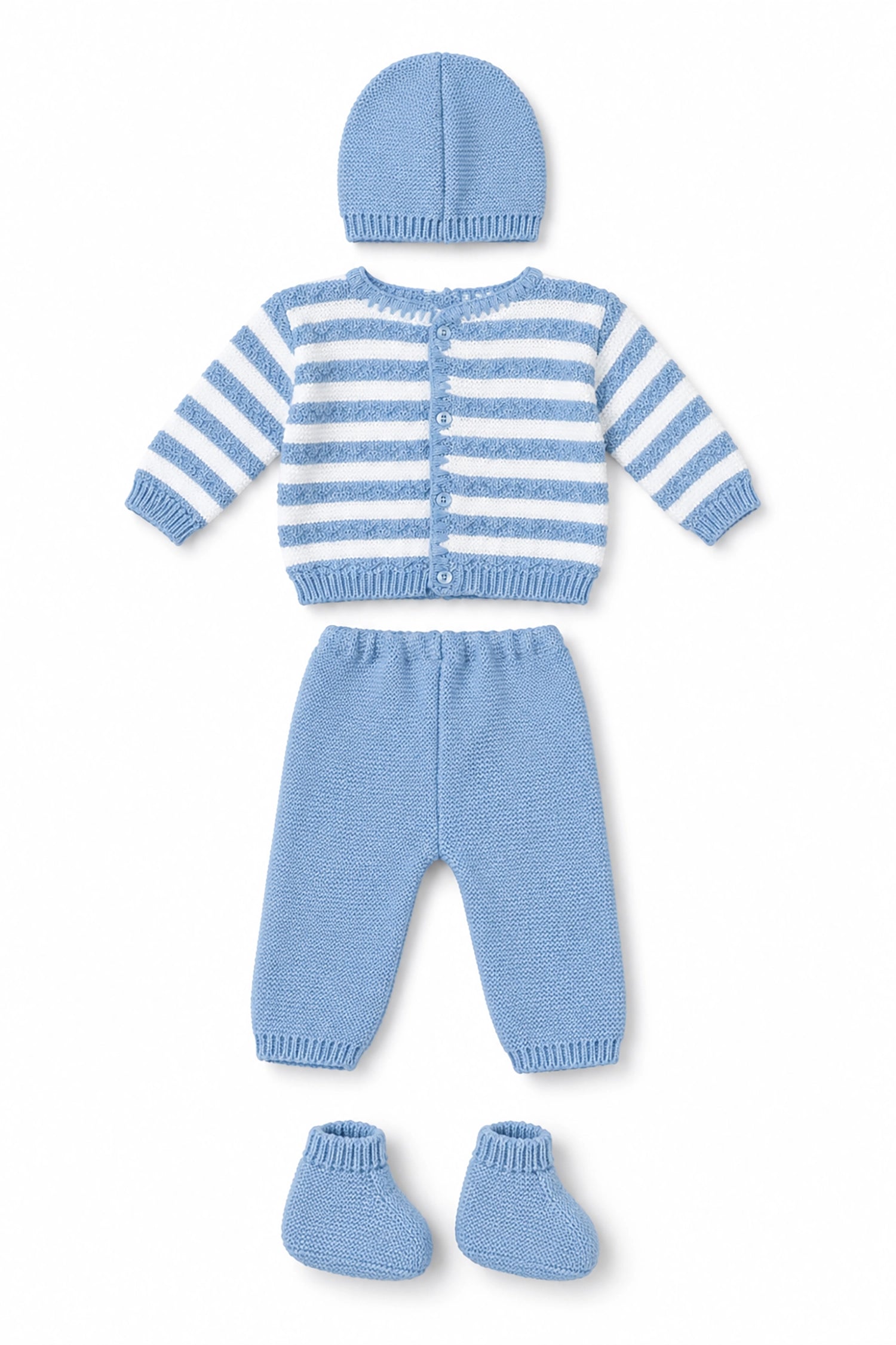 Blue and white striped baby outfit with hat, pants, and booties on a white background