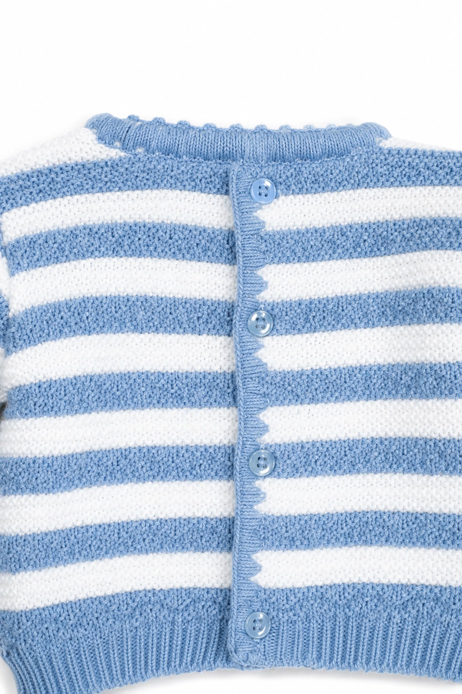 Blue and white striped cardigan on a white background